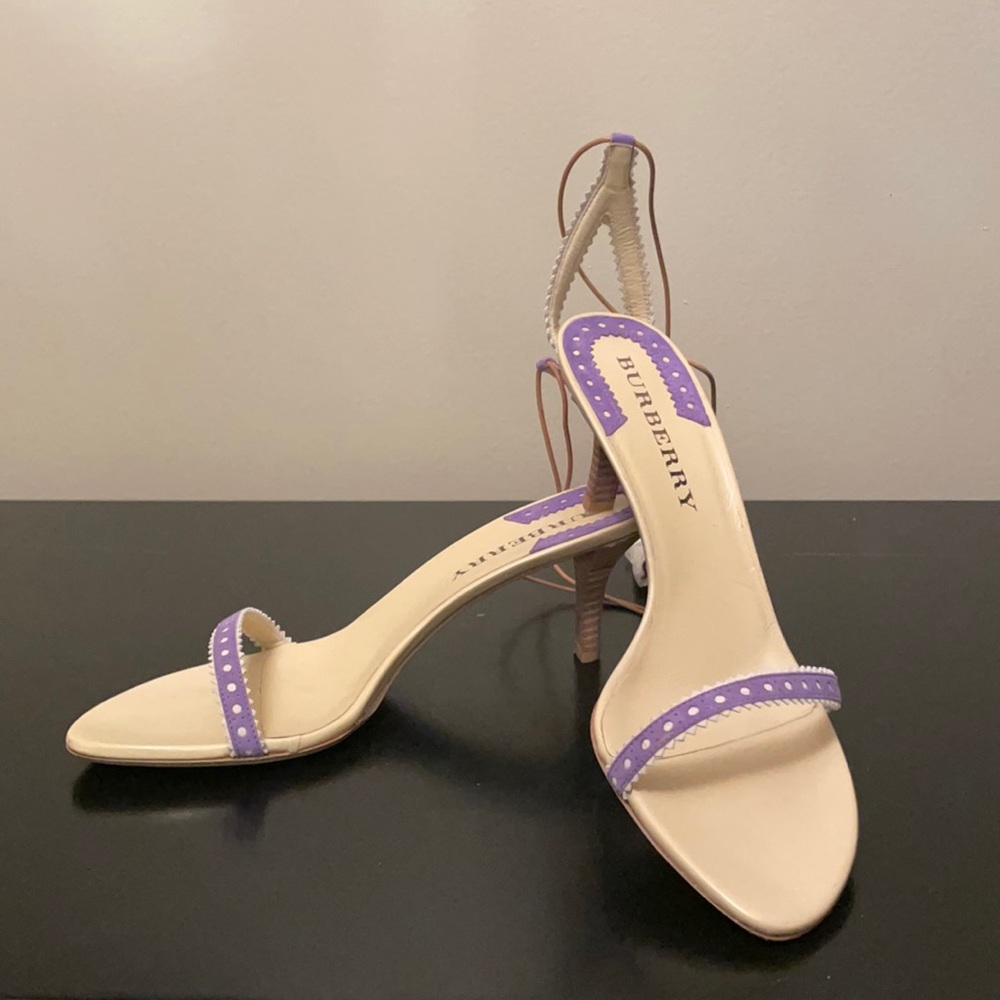 New Burberry lavender heels. Tie at ankle with tassels.